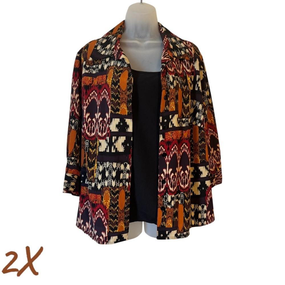George Multi-Color Patterned Open Front Jacket - Black, Rust, Cream
